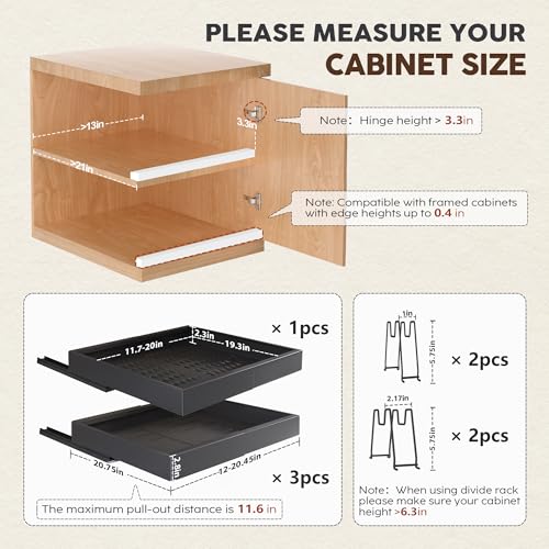 Seinloes 4Pack Expandable Pull Out Cabinet Organizer 21"Deep With Raising Pad for Framed Cabinets,Slide Out Drawers with 4pcs Divider Racks,Roll Out Shelves Adhesive,Adjustable Width 12.05"-20.4"Black - color: Black, size: 12"-20.45"Wide x 21"Deep(4 Pack)