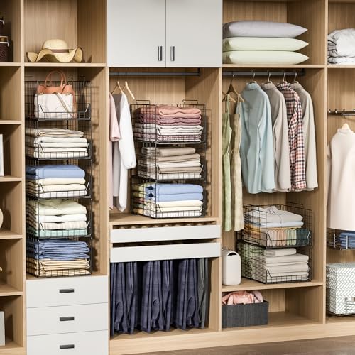 Jakyitvi 5-Tier Stackable Closet Organizer Shelf – Foldable Metal Storage Bins for Clothes, Sweaters & Towels | Stylish Black Wire Baskets for Bedroom, Wardrobe, Dorm or Entryway - color: Black, size: 5 Tier