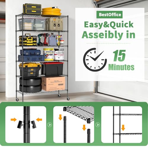 BestOffice Storage Shelves 6 Tier Metal Shelves Adjustable Garage Shelving Wire Shelving Unit Capacity 2100LBS with Wheels for Kitchen, Garage Pantry Closet Commercial,Black - color: Black, size: 18"D x 45"W x 82"H