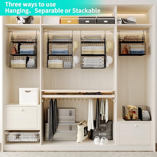 HapiRm Hanging Closet Organizer Storage - 3 Tier Metal Stackable Hanging Closet Shelves with Dividers and S Hooks, Foldable Clothes Shelves for Clothes, Pants, Shoes, Coat, Hats Clutches Accessories - color: Black, size: 3-Tier