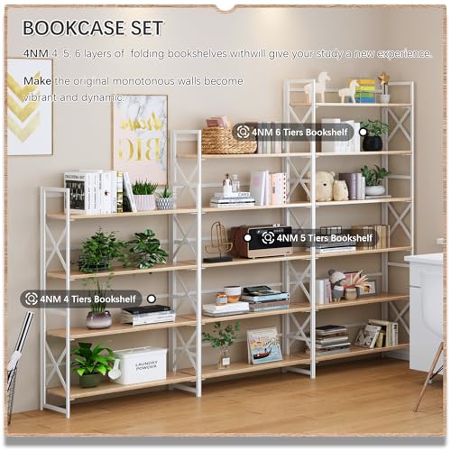 4NM Extra Wide 6 Tiers No Assembly Book Shelves, 61.8" H Folding Bookshelf Bookcase Open Industrial Foldable Shelves for Bedroom, Living Room, Home Office - Natural White - color: Natural White, size: Wide XX 6-Tier
