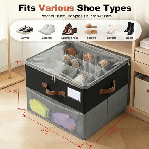 Shoe Organizer for Closet, Foldable Shoe Rack with Clear Cover, Adjustable Dividers for 16 Pairs, Storage Cubby for Wardrobe, Grey & Black - color: Grey & Black