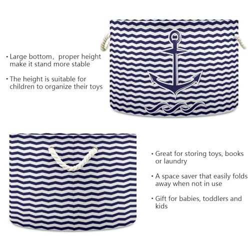 Blue Nautical Anchors Print Round Storage Basket Marine Anchor Waves Stripes 20" x 20" x 14" Laundry Hamper Large Organizer Bin with Handles Clothes Storage Bag for Nursery Bedroom Living Room Decor - color: Blue