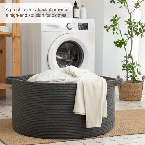 OIAHOMY 105L Blanket Basket for Living Room, Large Basket 23.6" x 23.6" x 14.6" with Handle, Laundry Hamper for Blankets, Pillows, Toy Storage for Kids, Dogs - Grey - color: Grey, size: 23.6" x 23.6" x 14.6"