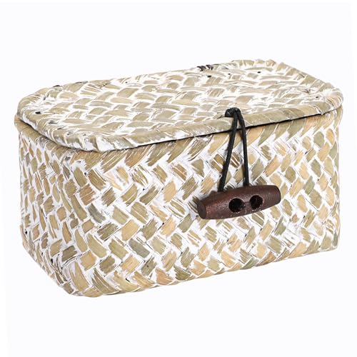 Hipiwe Wicker Shelf Basket Box with Lid Decorative Basket Handwoven Seagrass Storage Organizer Basket Decorative Basket, Whitewas 4.3" x 2.5" x 2.1" - color: Whitewash color, size: 4.3" x 2.5" x 2.1"