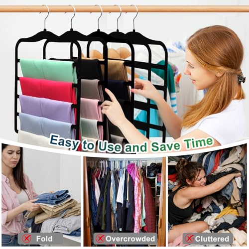 Closet Organizers and Storage, 3 Pack Pants-Hangers-Space-Saving, Velvet Non Silp 5 Tier Scarf Jeans Closet Organizer,Dorm Room Essentials for College Students Girls Boys Guys,Organization and Storage - color: Black