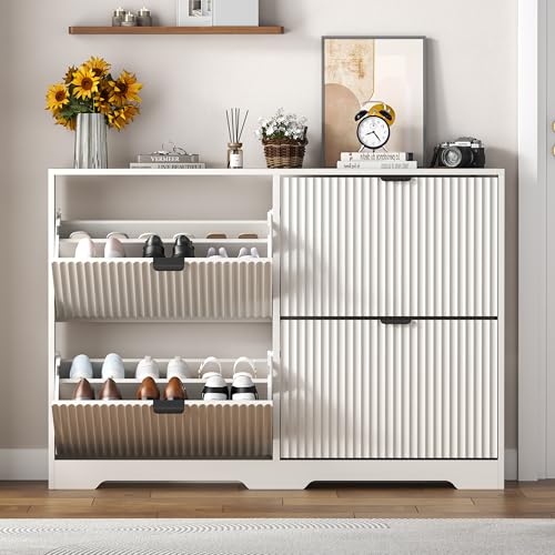 Shoe Cabinet Storage for Entryway with 4 Flip Drawers, White Fluted Shoe Cabinet with Adjustable Shelves, Wooden Hidden Shoes Rack Freestanding Narrow Slim Shoes Storage for Hallway, Entrance - color: White, size: 4 Drawer without Bench