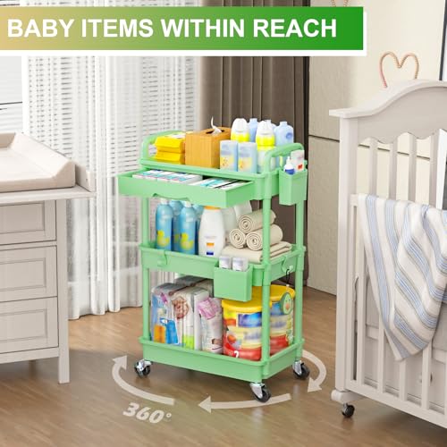 Goovilla 3 Tier Rolling Utility Cart Organizer with Removable Drawer, Stable and Sturdy Green Rolling Storage Carts with 2 Lockable Wheels for Bathroom, Kitchen, Snack, Craft, Makeup, Baby Essentials - size: 3 Tier, style: Green