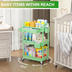 Goovilla 3 Tier Rolling Utility Cart Organizer with Removable Drawer, Stable and Sturdy Green Rolling Storage Carts with 2 Lockable Wheels for Bathroom, Kitchen, Snack, Craft, Makeup, Baby Essentials - size: 3 Tier, style: Green