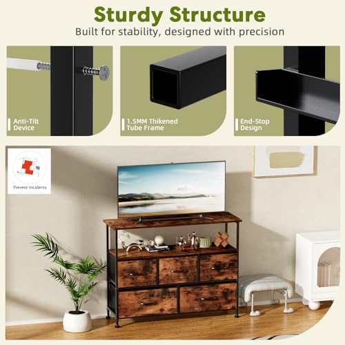 Simple Deluxe TV Stand Dresser for Bedroom Entertainment Center with 5 Fabric Drawers, Storage Organizers Units for Living Room, Media Console Table with Open Shelf up for 45" TV, Rust, Wood top - color: Rust, size: 39.3"D x 11.8"W x 31.8"H (5 Drawers)