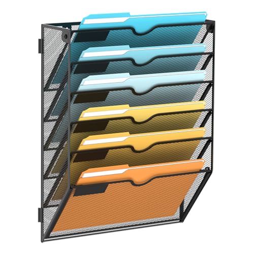 SUPEASY 6 Tier Wall File Organizer, Hanging Wall Mounted Mail Organizer with Label Slots, Metal Mesh File Holder Magazine Rack for Office, Home, School or Classroom, Black - color: Black, size: 6-Tier