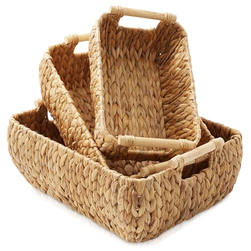 Casafield Set of 3 Water Hyacinth Oval Storage Baskets with Wooden Handles - Small, Medium, Large - Woven Nesting Basket Organizers - color: Natural - Hyacinth, size: Set of 3 - Small, Medium, Large