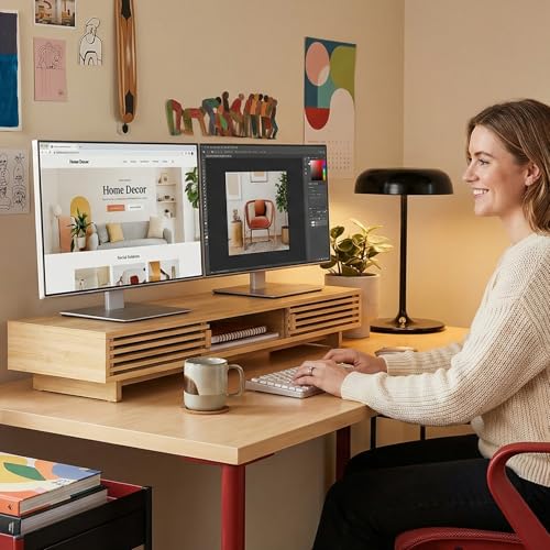 Dual Monitor Stand Riser with Sliding Door, Double Computer Laptop Stand Desk Shelf Organizer with Storage for 2 Monitors (Natural Bamboo, 38 Inch) - color: Natural Bamboo, size: 38 Inch