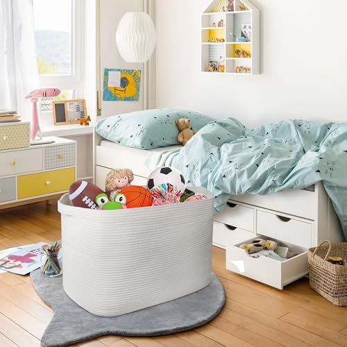 MEGASKET 108L Extra Large Storage Basket, 25" x 16" x 16" White Blanket Basket Living Room, Oversized Cotton Rope Blanket Storage, Woven Kids Dog Toy Bin Box Organizer, Laundry Shoes Towel Bin, White - color: White, size: 25"x16"x16"