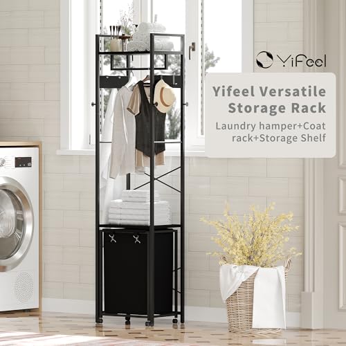 Coat Rack with Laundry Basket, Laundry Hamper Freestanding Hall Tree, Clothes Rack with Storage Shelves, 14.5 Gal Removable Bags on Wheels, Black JLH005B - color: Black