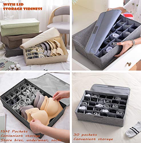 AARAINBOW 2 Packs Underwear Socks Storage Organizer with Lids Foldable Closet Drawer Organizer 46 Cells, Drawer Organizer Bins for Ties Scarves Lingerie Bra Fabric Dividers (30+16 Cell, 2 Gray) - color: Gray, size: 30+16 Cells