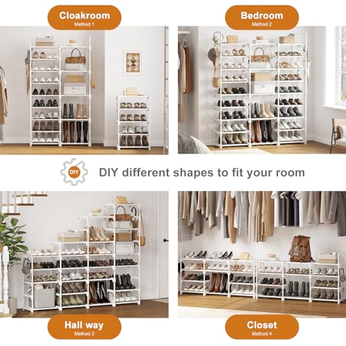 WOWLIVE 9 Tiers Large Shoe Rack White Shoe Rack Organizer for Closet 50-55 Pairs Stackable Heavy Duty Shoe Shelf Shoe Storage with Metal Pipes Plastic Connectors - color: White, size: 3 Row 9 Tier