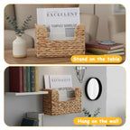 Woven Hanging Magazine Holder Water Hyacinth Magazine Basket Wall Mounted Woven Mail Organizer Wicker Storage Box with Handle Newspaper Rack Decorative for Home Office