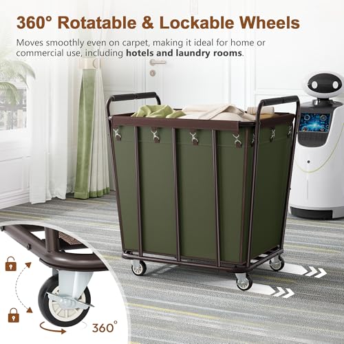 Hoctieon Large Laundry Cart with Wheels, 400L Heavy Duty Laundry Basket Organizer, Rolling Hamper Sorter for Clothes Storage, Industrial Dirty Clothes Hamper for Home & Hotel, Green+Brown - color: Green+Brown, size: 400L
