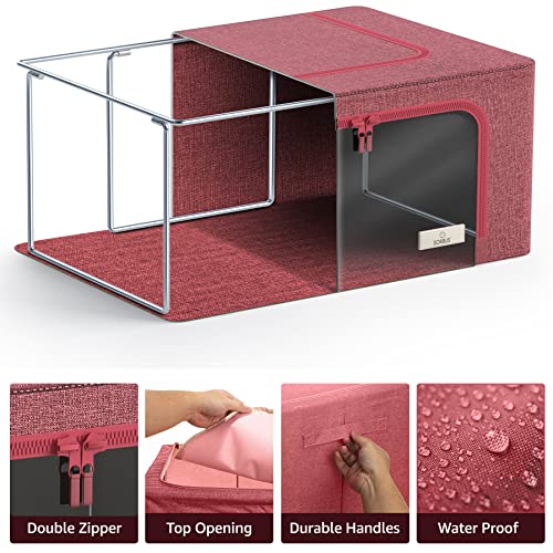 Sorbus Storage Bins with Metal Frame - Stackable & Foldable Clothes Organizer Bags - Oxford Fabric Storage Containers with Large Clear Window & Carry Handles, Bedroom Organization for Bedding & Linen - color: Pink, size: 2 Pack