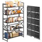 4NM Extra Wide 5 Tiers No Assembly Book Shelves, 51.2" H Folding Bookshelf Bookcase Open Industrial Foldable Shelves for Bedroom, Living Room, Home Office - All Black - color: All Black, size: Wide XX 5-Tier