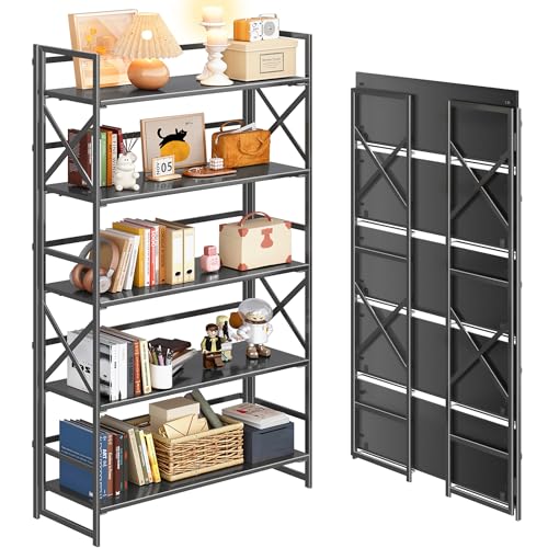 4NM Extra Wide 5 Tiers No Assembly Book Shelves, 51.2" H Folding Bookshelf Bookcase Open Industrial Foldable Shelves for Bedroom, Living Room, Home Office - All Black - color: All Black, size: Wide XX 5-Tier