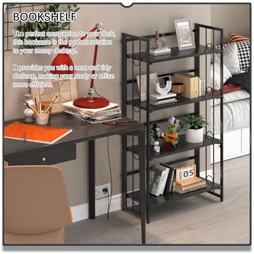 4NM No Assembly 4 Tiers Folding Bookshelf, 47.2" H Foldable Storage Shelves Vintage Bookcase Standing Racks Study Organizer Home Office - All Black - color: All Black, size: 4-Tier
