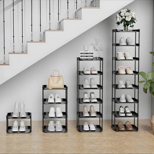 6 Tier Vertical Narrow Shoe Rack, Stackable Tall Skinny Shoerack, Compact Single Shoes Storage Tower for Slim Space, Corner Plastic Shelves, for Hallways, Entryway, Bedrooms Organizer, Black - color: Black, size: 6 tier