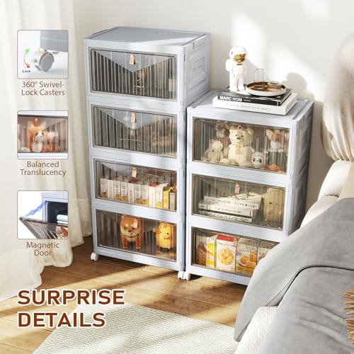 4 Tier Stackable Plastic Storage Bins with Lid and Wheels - 23 QT Closet Organizers and Storage, Foldable Storage Containers, Organization and Storage Boxes for Craft, Home, Pantry, Dorm, Grey - color: Grey