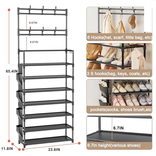 OYREL Shoe Rack 7 Tier Shoe Organizer Storage 21-28 Pairs Closet Shoes Rack for Front Door Entrance Shoe Rack Organizer with Hooks Side Pocket Entryway Large Capacity Shoe Shelf Tower Garage - color: Black, size: 7 Tier (23.6"Wx 65.4"H)