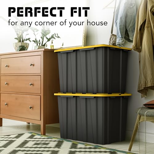 4 PACK X-Large Black & Yellow Storage Bins | Plastic Tote Organizing Container with Secure Latching Lids, Stackable, Extra Strength with Built in Handle | Black and Yellow Bins | 24.5" x 16.5" x 16.6" - size: X-LARGE - 24.5" x 16.5" x 16.6"