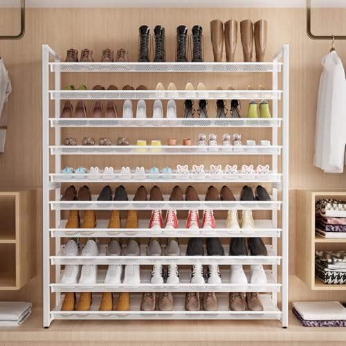 Metal Shoe Rack,Large 10 Tier Shoe Organizer, Heavy Duty Metal Stackable Shoe Storage Vertical Shoe Rack for Closet Front Door Entrance,Entryway,GarageUp to 62 Pairs,White - color: White, size: 10 Tier