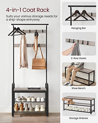 VASAGLE Coat Rack, Hall Tree with Shoe Bench for Entryway, Entryway Bench with Coat Rack, 4-in-1, with 9 Removable Hooks, a Hanging Rod, 13.3 x 28.3 x 72.1 Inches, Greige and Black UHSR40MB - color: Greige + Black, size: 28.3"W
