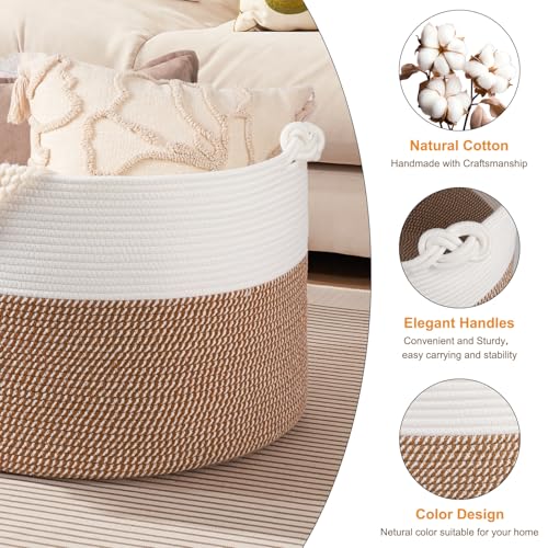 OIASKET XXL Large Blanket Storage Basket for Living Room, 105L Woven Cotton Rope Basket with Handles, Baby Toy Storage, Laundry Hamper for Clothes, Pillows, Towels-Yellow and White - color: Yellow & White, size: 105L