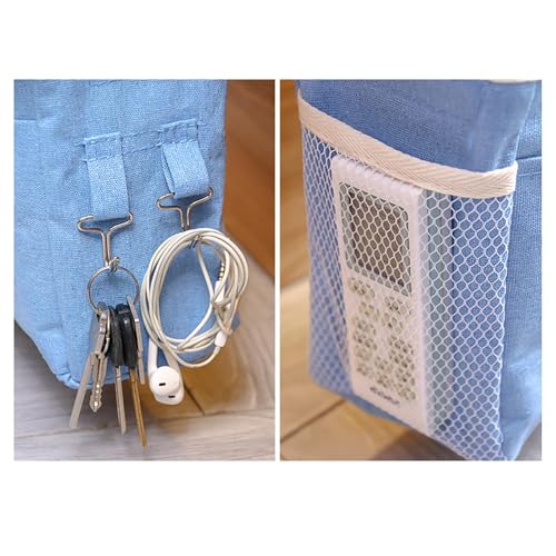 Bedside Caddy, Large Capacity Hanging Bedside Organizer with Side Hooks and 2 Pockets,Durable Versatile Bedside Caddy for Dorm Bed Phone Hospital College Magazine Remote Control Laptop Books (Blue)