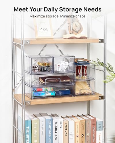 Vtopmart Clear Stackable Storage Drawers Set of 5, Plastic Organizer Bins for Makeup, Cosmetics, Beauty Supplies,Ideal for Vanity, Bathroom,Cabinet,Pantry Organization - style: 2 Small+3 Wide