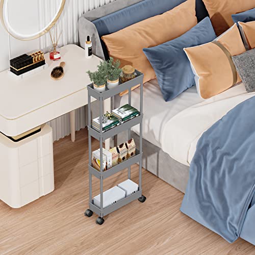 Sooyee 4 Tier Slim Storage Cart,Rolling Storage Cart,Narrow Shelf,Bathroom Rack,Mobile Shelving Unit Organizer for Kitchen, Bathroom, Laundry Room, Grey - color: Gray, size: Slim