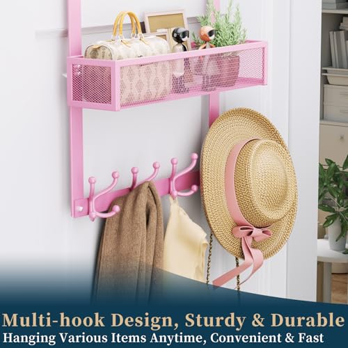 Consumest Over The Door Hooks Organizer - Over Door Hanger with 16 Hooks & 2 Baskets for Hanging Coat, Clothing, Towel, Back Storage for Bathroom, Closet, College Dorm, Pink - color: Pink-16 Hook 2 Basket, size: 2 Tier