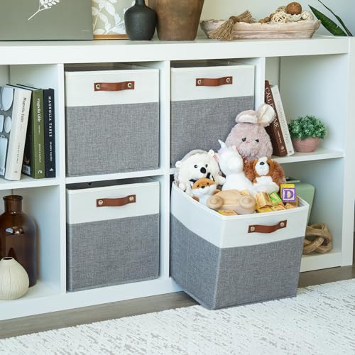 OrganiHaus 12" x 12" x 12" Fabric Cube Storage Bins - Set of 4, Cube Fabric Organizer Bins with Vegan Handles, Kallax Storage Cubes, 12Inch Cubic Baskets for Shelves - Grey / White - color: Gray Base / Off-White, size: (12x12) Leather Handles