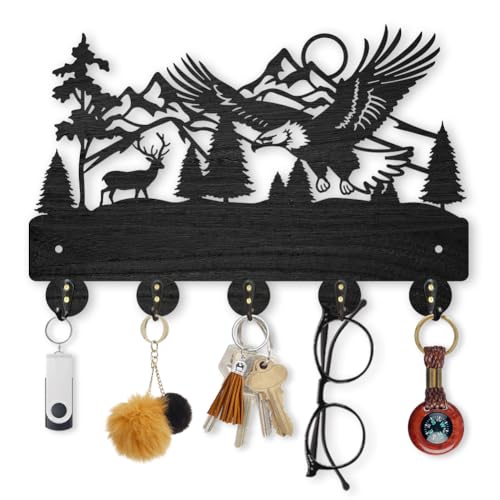 MAYJOYDIY Eagle Deer Forest Coat Hooks Wall Mounted 11.8×7.9inch Black Wooden Eagle Key Holder for Wall 5 Alloy Hooks Wall Art Decor Deer Hangers for Towel Key Kitchen Bedroom Entryway Gifts - color: Eagle
