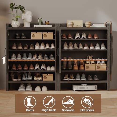 Mericonia 6-Tier Shoe Cabinet Storage for Entryway, Rattan Shoes Organizer Cabinets with Doors, Wooden Shoe Rack, Farmhouse Boho Wood Storage Cabinet (Black, 6-Tier) - color: Black, size: 6-tier