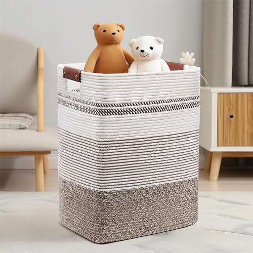 DOFASAYI Laundry Basket - 85L Large Cotton Rope Blanket Basket with Leather Handles, Decorative Storage Hamper, Clothes Hamper for Living Room, Bedroom, Rice Brown & White - color: Rice Brown & White, size: 85L