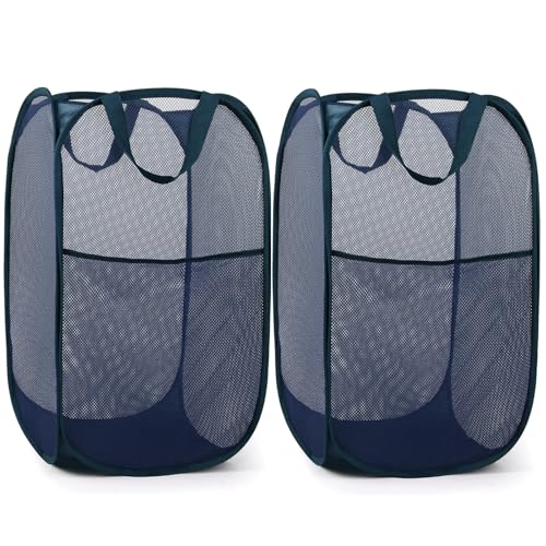 2 Pack Durable Collapsible Laundry Baskets - Reinforced Mesh Pop Up Laundry Hamper with Pocket, Foldable Dirty Clothes Hamper with Carry Handles for Laundry, Bathroom, Kids Room, Dorm or Travel Navy - color: 2 x Navy, size: Pop Vertical