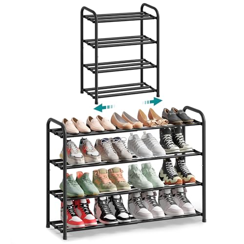 SONGMICS Expandable Shoe Rack, Adjustable Shoe Organizer Storage Shelf, Sturdy and Heavy-Duty, for Closet, Entryway, Living Room, 4-Tier, Ink Black ULMR046BD01 - size: 4 Tiers (26.5"H)