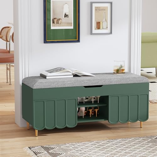3More 40" Entryway Shoe Storage Bench,Upholstered Hidden Space Beneath Seat Cushion Bench,2-Tier Unique Geometric Shape with Wood Grain,Green - color: Green