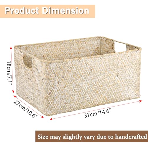 Hipiwe Wicker Shelf Baskets Seagrass Storage Opened Baskets Bin Built-in Handles Rectangular Closet Bedroom Organizer Box Multipurpose Woven Basket Home Organizer,Whitewash,14.6"x 10.6" x 7" - color: Whitewash, size: Large,14.6"x10.6"x7"