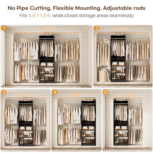 Homieasy Closet System, 4.5-11.5 Ft Expandable Closet Organizer with 5 Hanging Rods, Walk-in Wood Closet Organizer System with Storage Tower, Heavy Duty Garment Rack Wardrobe for Bedroom, Black - color: Black