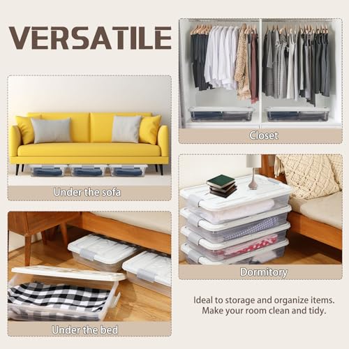 Beeveer 4 Pcs Plastic Under Bed Storage Containers with Lid Wheel Handle, Transparent Large Capacity Stackable Latching Storage Bins for Closet Bedroom Clothes Shoes Blanket(23.7 x 15.8 x 5.2,White) - color: White