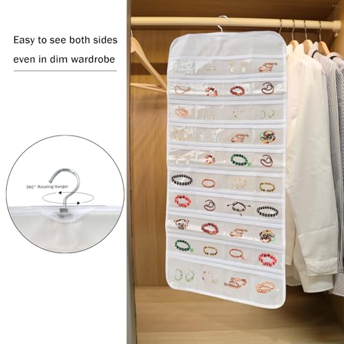 80 Pockets Double-Sided Hanging Jewelry Storage Bag, Transparent Earring, Bracelet, Ring Bag, 33x17 Inch Large Size Fits Wardrobe/Shelf Rod, Travel Portable, Non-Woven(White)