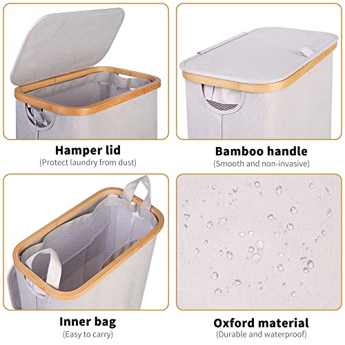 65L Slim Laundry Hamper, Narrow Laundry Basket with Lid,Foldable Clothes Hamper with Bamboo Handles,Hamper Basket with Removable Inner Bag for Laundry Room Bedroom College Dorm,17.17 Gals（Light Grey） - color: Light Grey, size: 65L